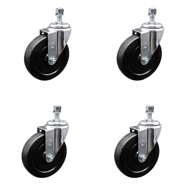 5 Inch SS Soft Rubber Wheel Swivel 1/2 Inch Threaded Stem Caster Set SCC